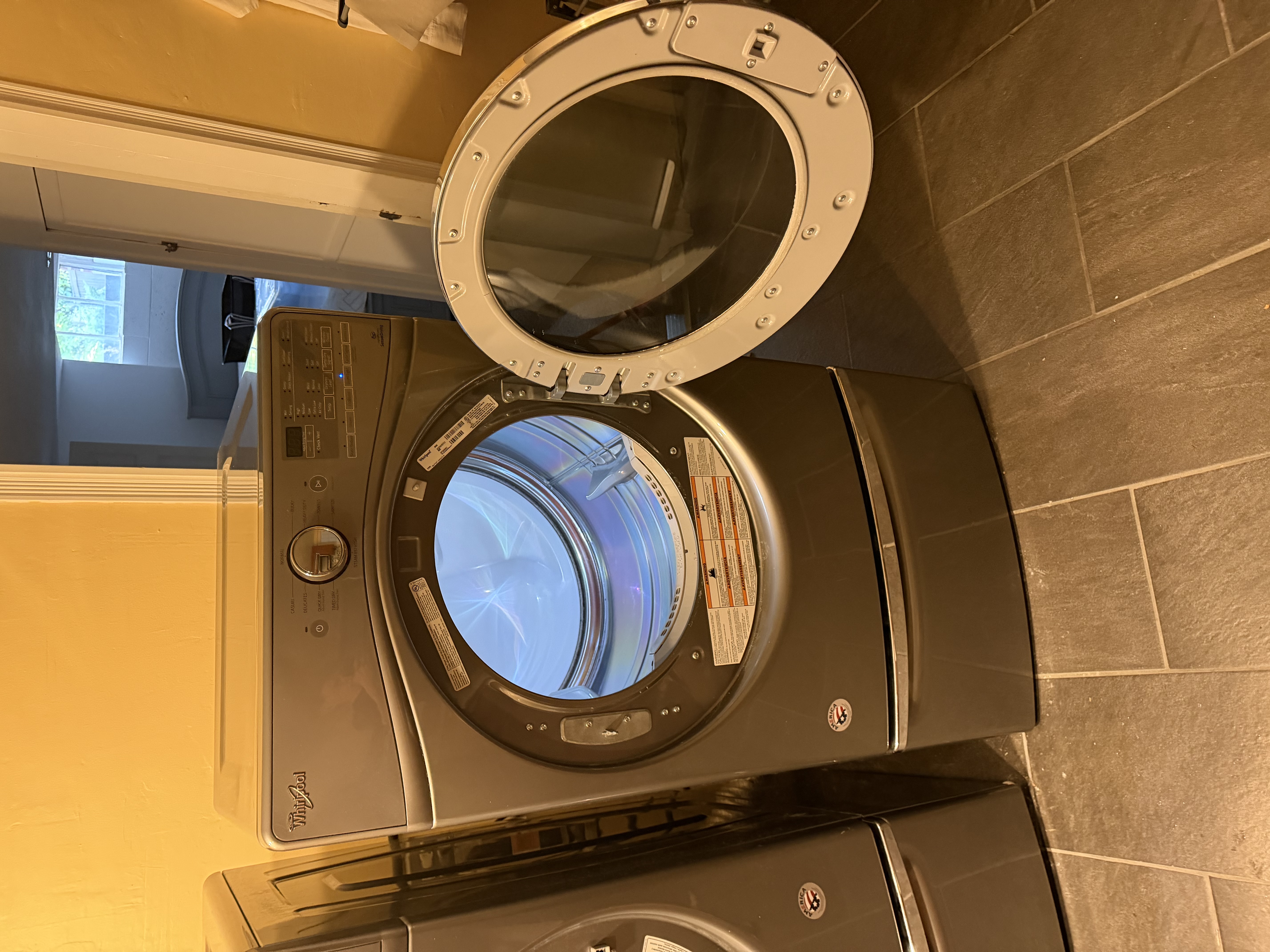 The dryer with its door open showing the clean drum inside