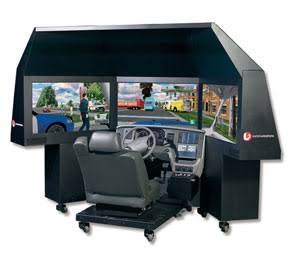 A full PatrolSim installation with three screens and a driver's seat in a wood-paneled training room, displayed in the photo archive